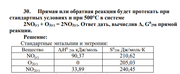 Прямая или обратная реакция будет протекать при стандартных условиях и при 500°С в системе 2NO(г) + О2(г) = 2NO2(г). Ответ дать, вычислив Δ, G0 298 прямой реакции