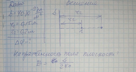 Поле образовано бесконечной равномерно заряженной плоскостью с плотностью заряда 40 нКл/м2 . Определить разность потенциалов двух точек поля, отстоящих от плоскости на расстояниях 15 см и 20 см.