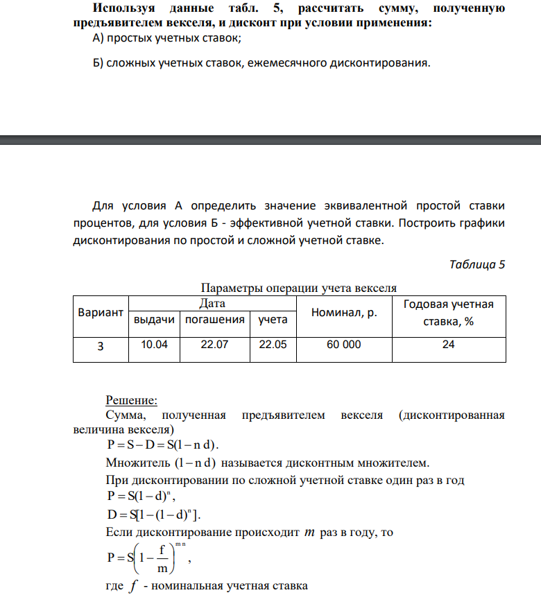 Используя данные табл. 5, рассчитать сумму, полученную предъявителем векселя, и дисконт при условии применения: А) простых учетных ставок; Б) сложных учетных ставок, ежемесячного дисконтирования.