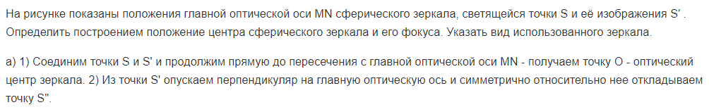 На рисунке показаны положения главной оптической оси MN сферического зеркала, светящейся точки S и её изображения S′ . Определить построением положение центра сферического зеркала и его фокуса.