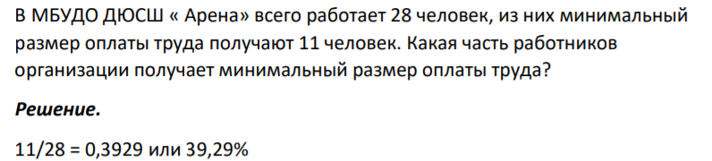 В МБУДО ДЮСШ « Арена» всего работает 28 человек, из них минимальный размер оплаты труда получают 11 человек. Какая часть работников организации получает минимальный размер оплаты труда?