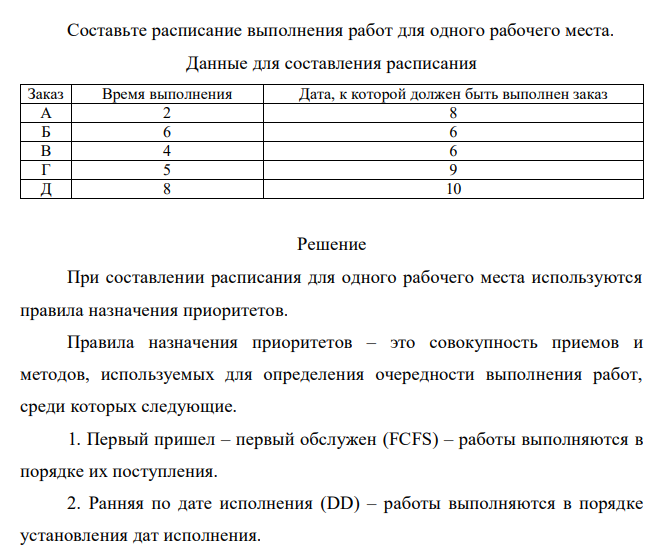 Составьте расписание выполнения работ для одного рабочего места. Данные для составления расписания Заказ Время выполнения Дата, к которой должен быть выполнен заказ А 2 8 Б 6 6 В 4 6 Г 5 9 Д 8 10