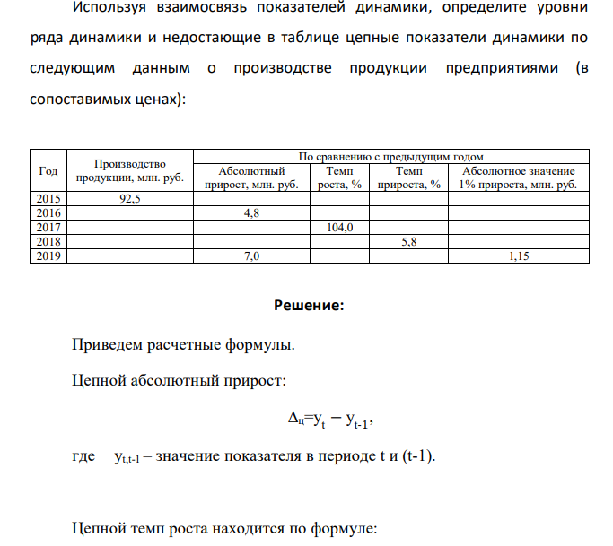 Используя взаимосвязь показателей динамики, определите уровни ряда динамики и недостающие в таблице цепные показатели динамики по следующим данным о производстве продукции предприятиями