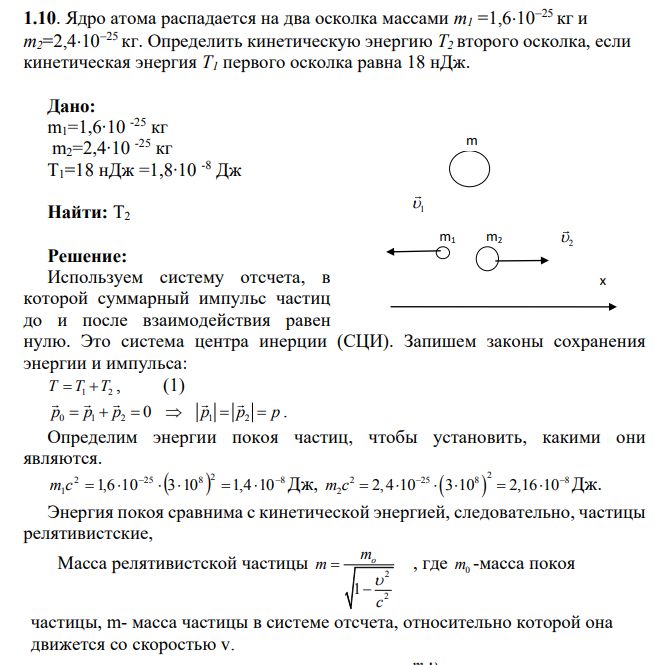 Ядро атома распадается на два осколка массами m1 =1,61025 кг и m2=2,41025 кг. Определить кинетическую энергию Т2 второго осколка, если кинетическая энергия Т1 первого осколка равна 18 нДж.