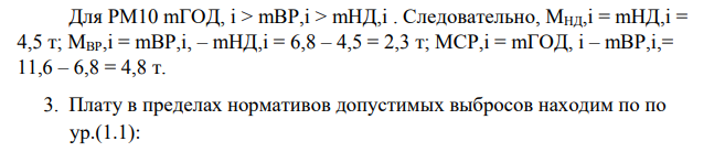 Расчет платы за загрязнение окр. Среды масса ЗВ, т/г выбросы ЗВ в атмосферу SO2 NH3 РМ10 m НД 8.3 2.5 4,5 m ВР 4.3 6,8 m год (факт) 12.1 6.5 11,6 норматив платы 46,4 138,8 93,5