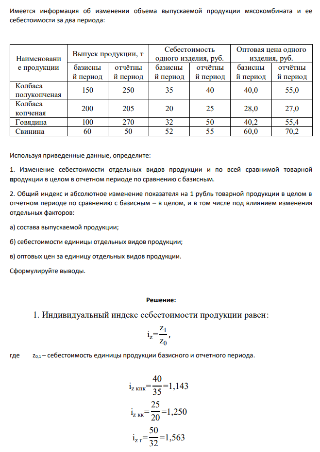 Имеется информация об изменении объема выпускаемой продукции мясокомбината и ее себестоимости за два периода: Наименовани е продукции Выпуск продукции, т Себестоимость одного изделия