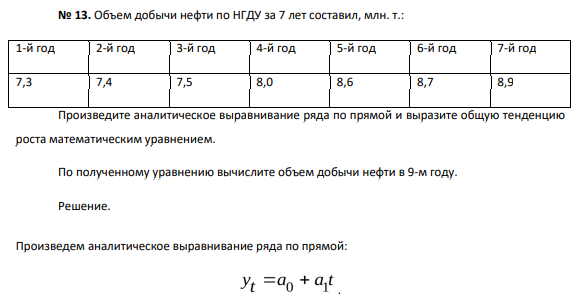 бъем добычи нефти по НГДУ за 7 лет составил, млн. т.: 1-й год 2-й год 3-й год 4-й год 5-й год 6-й год 7-й год 7,3 7,4 7,5 8,0 8,6 8,7 8,9 Произведите аналитическое выравнивание ряда по прямой и выразите общую тенденцию роста математическим уравнением.