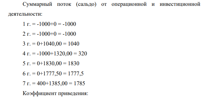 Необходимо рассчитать показатель ЧДД для оценки: - потенциальной эффективности проекта; - общей коммерческой эффективности проекта; - эффективности участия предприятия в инновационном проекте. Денежные потоки инновационного проекта приведены в таблице 2. Шаг расчета равен одному году, постоянная во времени норма дисконта 393 равна 15%. Кредитный процент 12,25 % годовых Депозитный процент составляет 15% годовых для средств, вкладываемых с целью обеспечения финансовой реализуемости проекта.
