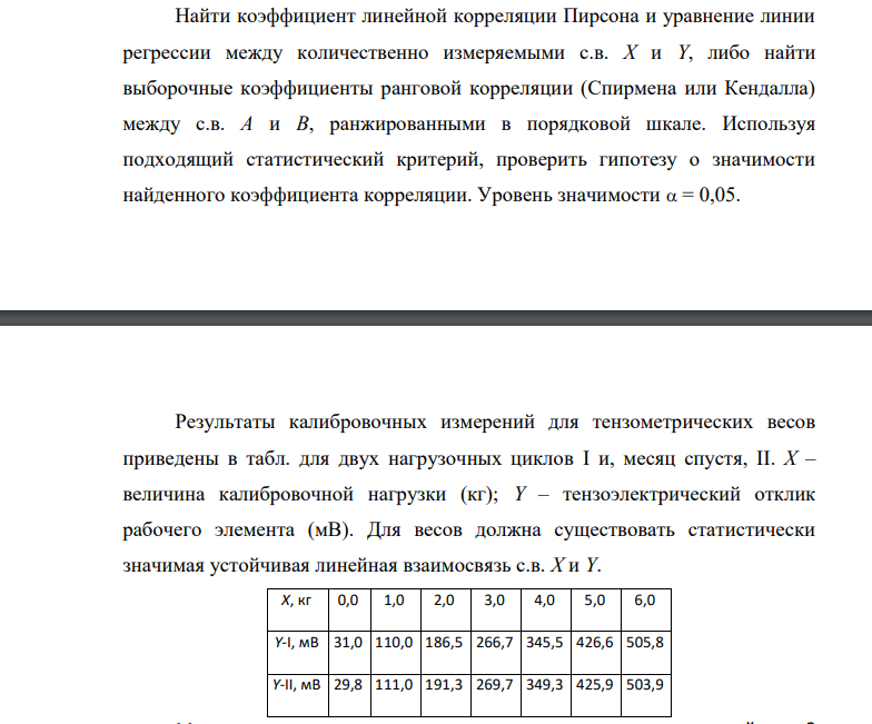 Найти коэффициент линейной корреляции Пирсона и уравнение линии регрессии между количественно измеряемыми с.в. X и Y, либо найти выборочные коэффициенты ранговой корреляции (Спирмена или Кендалла) между с.в. A и B, ранжированными в порядковой шкале. Используя подходящий статистический критерий, проверить гипотезу о значимости найденного коэффициента корреляции.