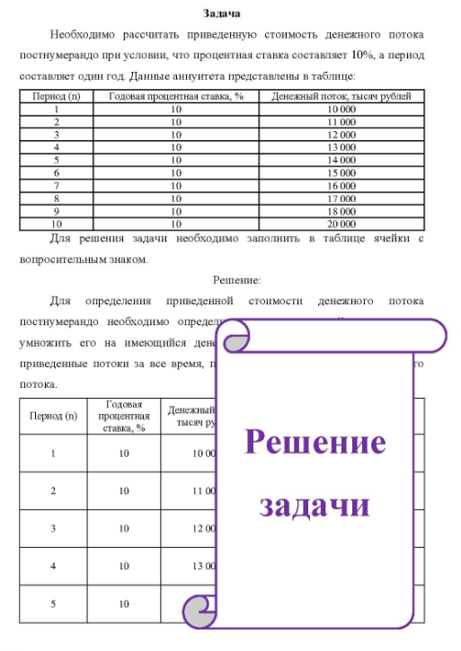 Необходимо рассчитать приведенную стоимость денежного потока постнумерандо при условии, что процентная ставка составляет 10%, а период составляет один год. Данные аннуитета представлены в таблице: