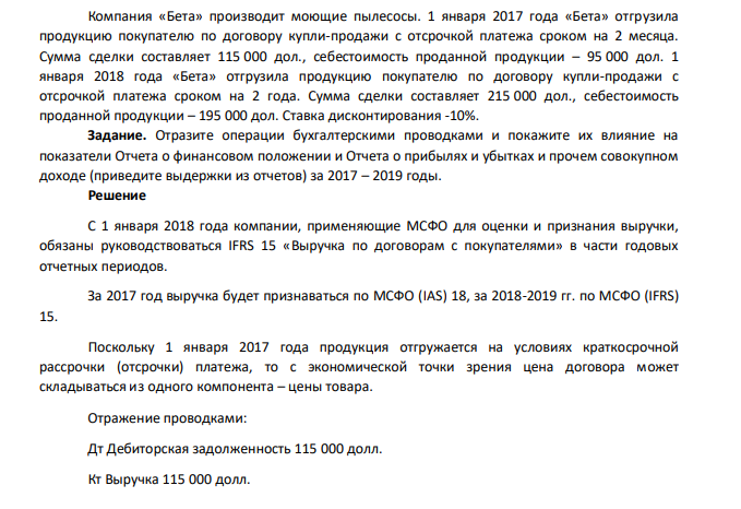 Компания «Бета» производит моющие пылесосы. 1 января 2017 года «Бета» отгрузила продукцию покупателю по договору купли-продажи с отсрочкой платежа сроком на 2 месяца. Сумма сделки составляет 115 000 дол., себестоимость проданной продукции – 95 000 дол. 1 января 2018 года «Бета» отгрузила продукцию покупателю по договору купли-продажи с отсрочкой платежа сроком на 2 года. Сумма сделки составляет 215 000 дол., себестоимость проданной продукции – 195 000 дол. Ставка дисконтирования -10%.