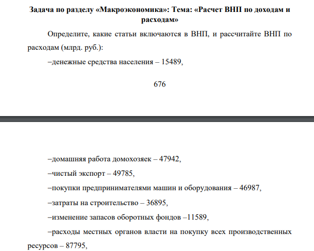 Определите, какие статьи включаются в ВНП, и рассчитайте ВНП по расходам (млрд. руб.): денежные средства населения – 15489, 677 домашняя работа домохозяек – 47942, чистый экспорт – 49785, покупки предпринимателями машин и оборудования – 46987