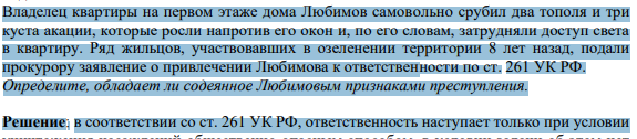 Владелец квартиры на первом этаже дома Любимов самовольно срубил два тополя и три куста акации, которые росли напротив его окон и, по его словам, затрудняли доступ света в квартиру. Ряд жильцов, участвовавших в озеленении территории 8 лет назад, подали прокурору заявление о привлечении Любимова к ответственности по ст. 261 УК РФ. Определите, обладает ли содеянное Любимовым признаками преступления.