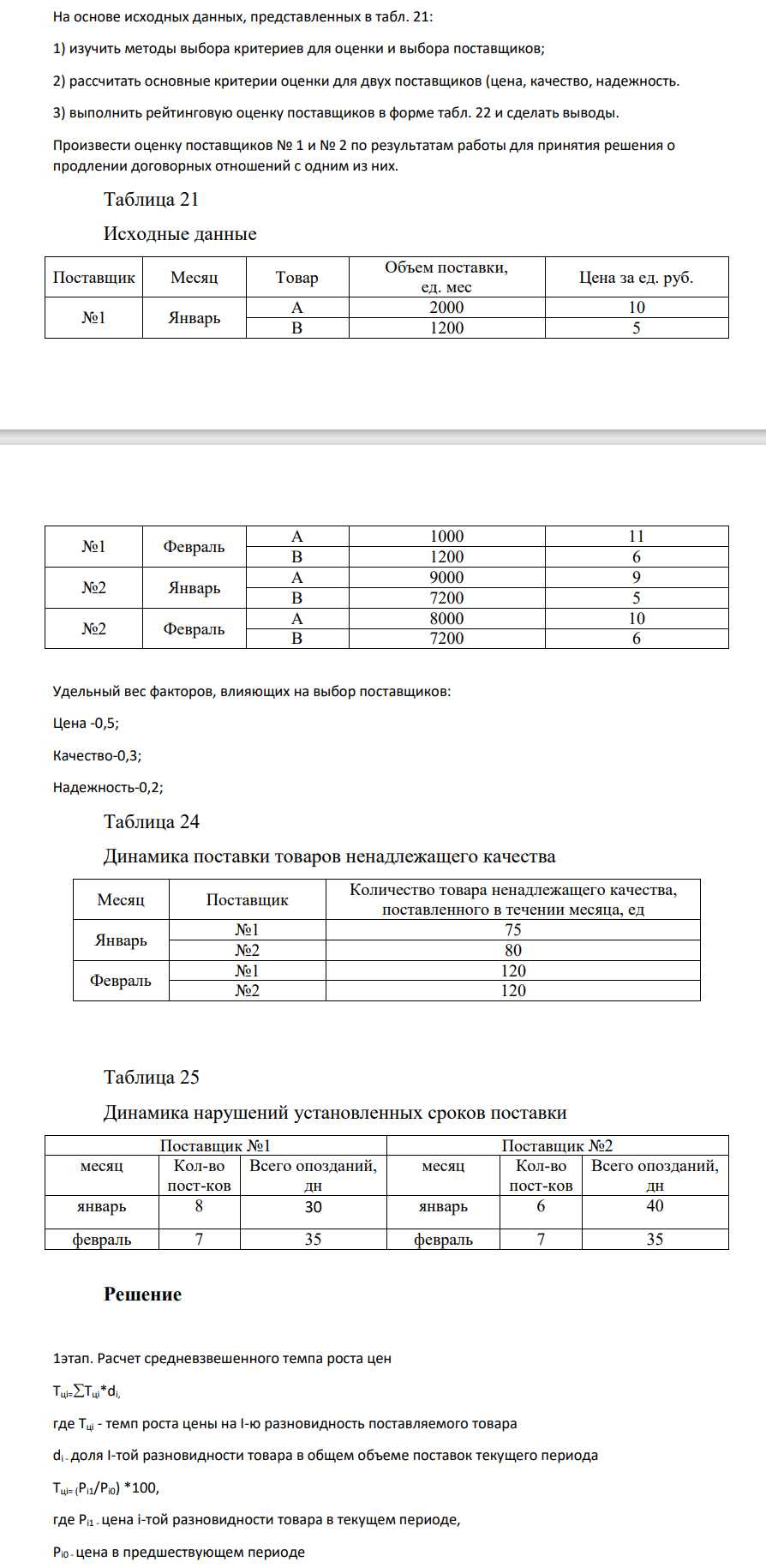 На основе исходных данных, представленных в табл. 21: 1) изучить методы выбора критериев для оценки и выбора поставщиков; 2) рассчитать основные критерии оценки для двух поставщиков (цена, качество, надежность. 3) выполнить рейтинговую оценку поставщиков в форме табл. 22 и сделать выводы.