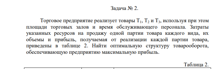 Торговое предприятие реализует товары Т1, Т2 и Т3, используя при этом площади торговых залов и время обслуживающего персонала. Затраты указанных ресурсов на продажу одной партии товара каждого вида, их объемы и прибыль, получаемая от реализации каждой партии товара, приведены в таблице 2