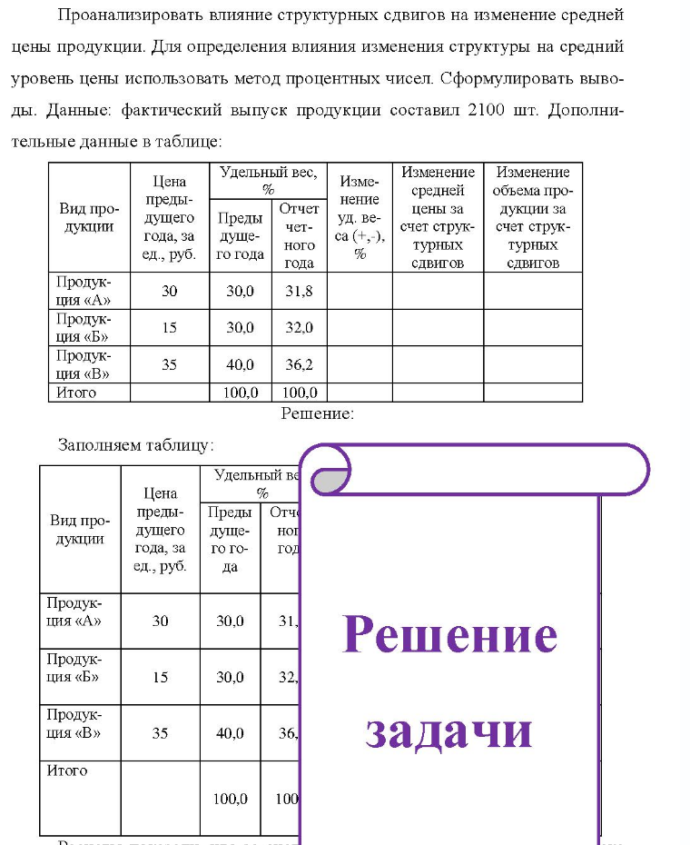 Проанализировать влияние структурных сдвигов на изменение средней цены продукции. Для определения влияния изменения структуры на средний уровень цены использовать метод процентных чисел. Сформулировать выво- ды. Данные: