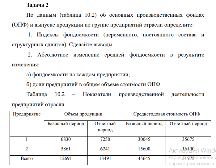 По данным (таблица 10.2) об основных производственных фондах (ОПФ) и выпуске продукции по группе предприятий отрасли определите: