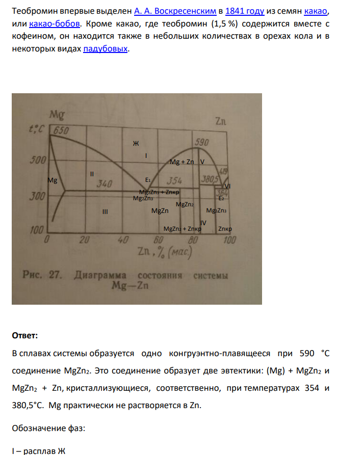 Теобромин впервые выделен А. А. Воскресенским в 1841 году из семян какао, или какао-бобов. Кроме какао, где теобромин (1,5 %)
