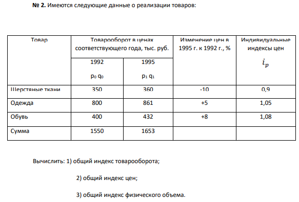 Вычислить: 1) общий индекс товарооборота; 2) общий индекс цен; 3) общий индекс физического объема.