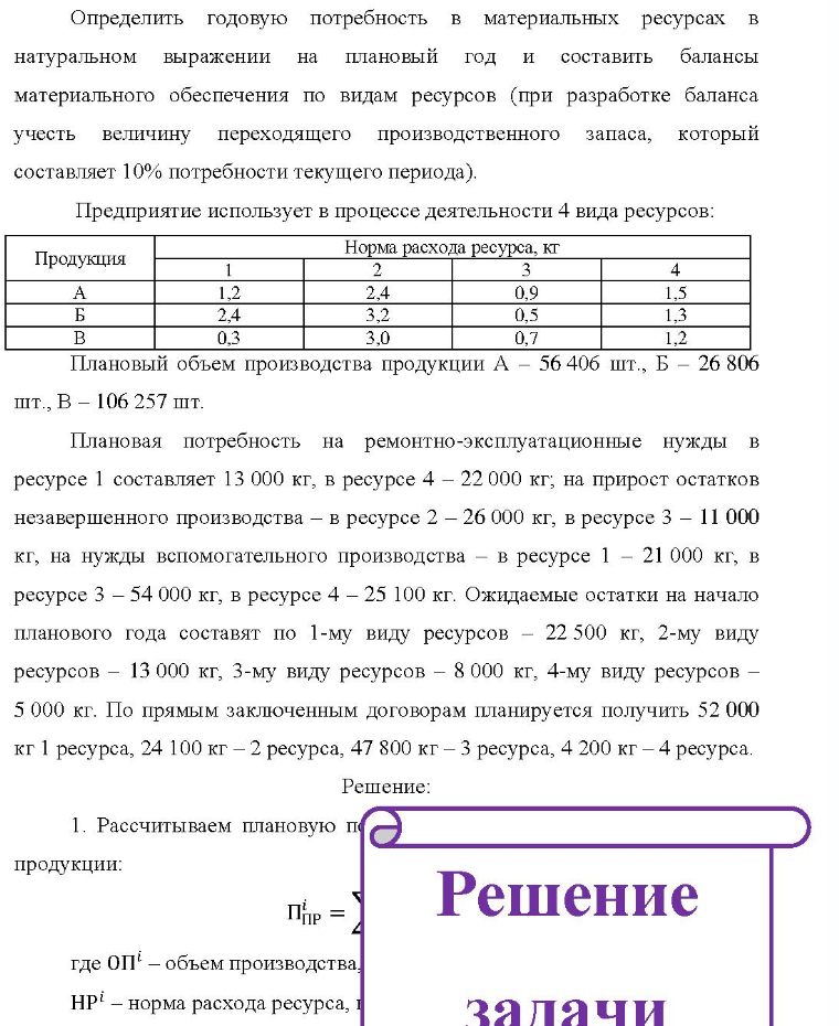 Определить годовую потребность в материальных ресурсах в натуральном выражении на плановый год и составить балансы материального обеспечения по видам ресурсов (при разработке баланса учесть величину переходящего производственного запаса, который составляет 10%
