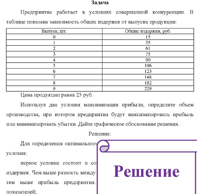 Предприятие работает в условиях совершенной конкуренции. В таблице показана зависимость общих издержек от выпуска продукции: Выпуск, шт. Общие издержки, руб. 0 15 61 106 123 148 182 229 Цена продукции равна 25 руб.