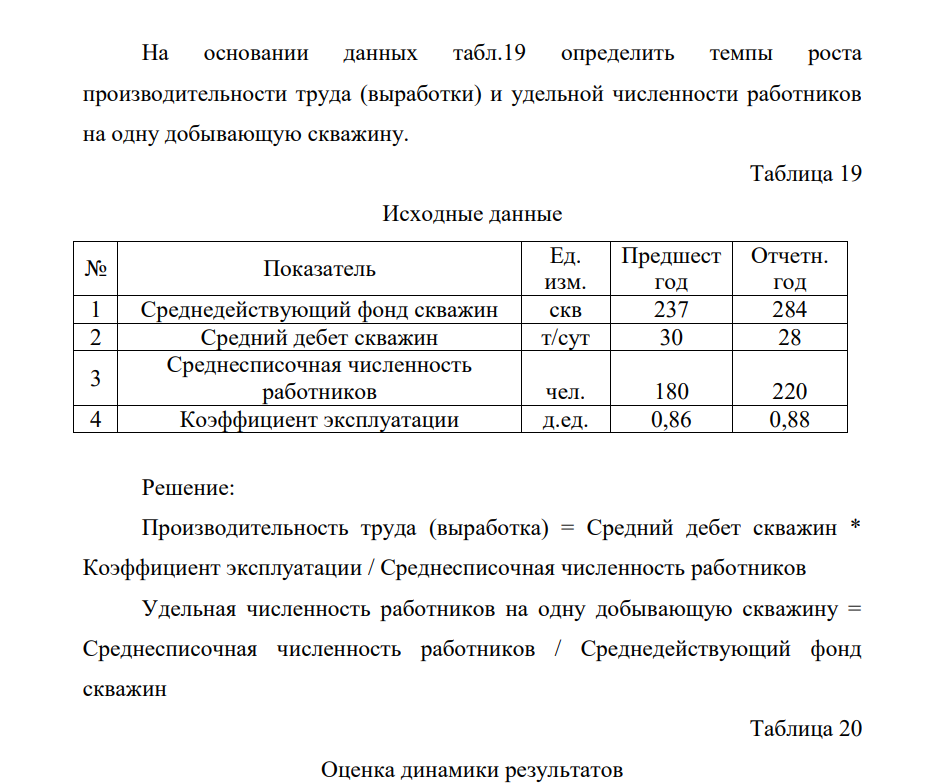 На основании данных табл.19 определить темпы роста производительности труда (выработки) и удельной численности работников на одну добывающую скважину.