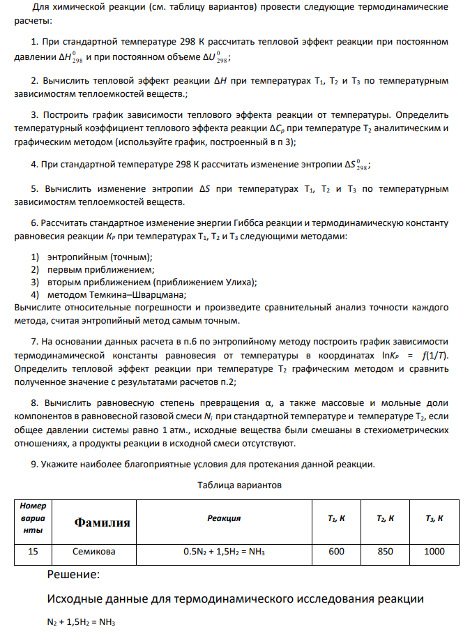 Для химической реакции (см. таблицу вариантов) провести следующие термодинамические расчеты: 1. При стандартной температуре 298 К рассчитать тепловой эффект реакции при постоянном давлении