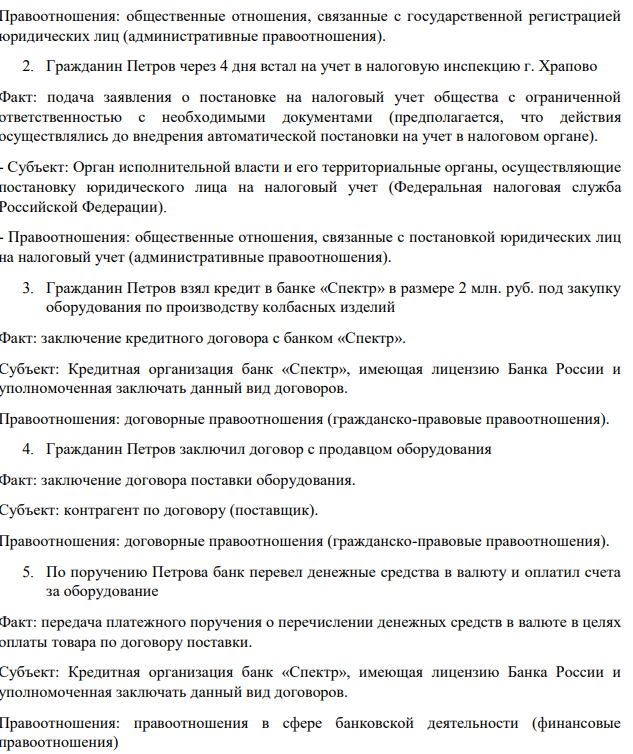 2. По окончании службы в Вооруженных Силах Российской Федерации, гражданин Петров создал и зарегистрировал ООО «Трон». Через 4 дня он встал на учет в налоговую инспекцию г. Храпово. Для того чтобы заниматься предпринимательством, он взял кредит в банке «Спектр» в размере 2 млн. руб.