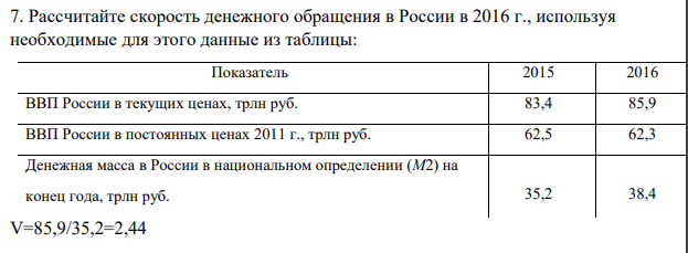 7. Рассчитайте скорость денежного обращения в России в 2016 г., используя необходимые для этого данные из таблицы: