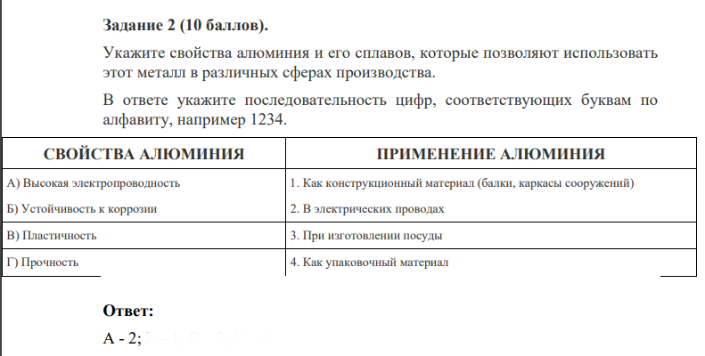 Укажите свойства алюминия и его сплавов, которые позволяют использовать этот металл в различных сферах производства. В ответе укажите последовательность цифр, соответствующих буквам по алфавиту, например 1234.