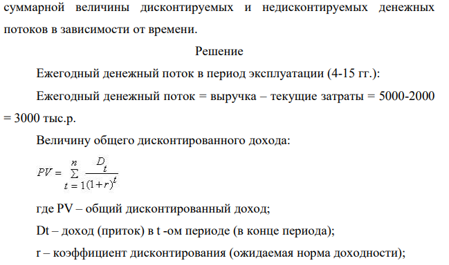 Инвестор желает вложить денежные средства в строительство предприятия, которое предполагается эксплуатировать 15 лет. Инвестиции, общей суммой 9000 тыс. р., решено вкладывать поэтапно в начале каждого года строительства предприятия в течение 3 лет: в 1-й год — 2000 тыс. р.; во 2-й — 3000 тыс. р.; в 3-й — 4000 тыс. р. По окончании 3 лет строительства предприятие будет построено, введено в эксплуатацию и начнет производить продукцию, ожидаемый ежегодный доход (выручка) от которой намечается в размере 5000 тыс. р. при ежегодных текущих затратах 2000 тыс. р.