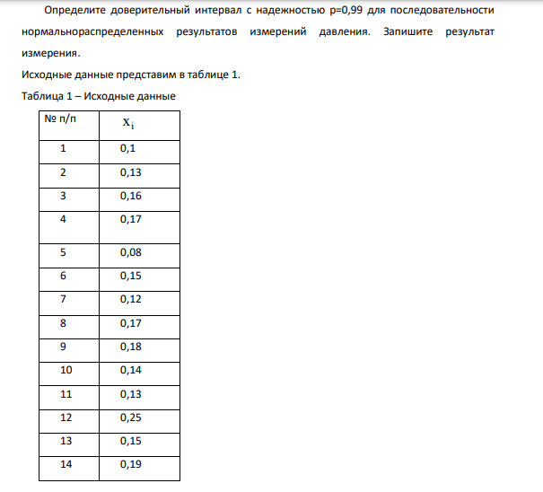 Определите доверительный интервал с надежностью р=0,99 для последовательности нормальнораспределенных результатов измерений давления. Запишите результат измерения.