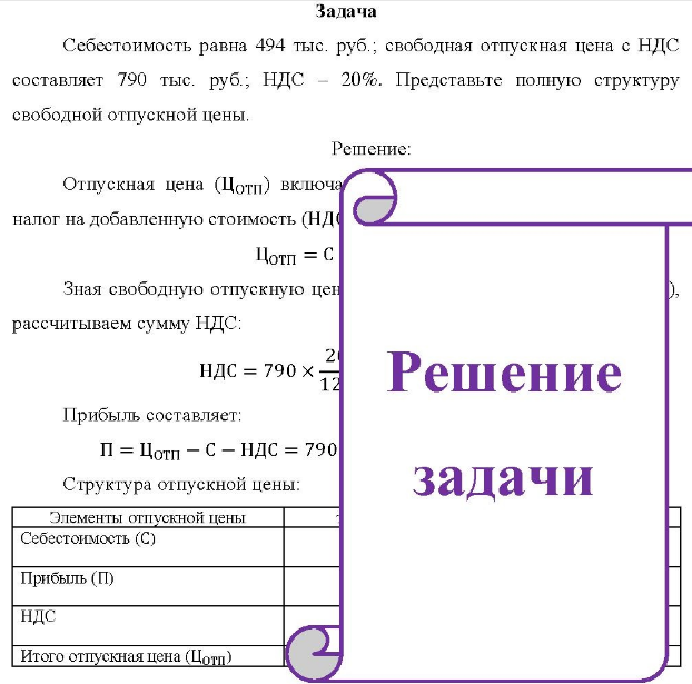 Себестоимость равна 494 тыс. руб. ; свободная отпускная цена с НДС составляет 790 тыс. руб. ; НДС 20%. Представьте полную структуру свободной отпускной цены.