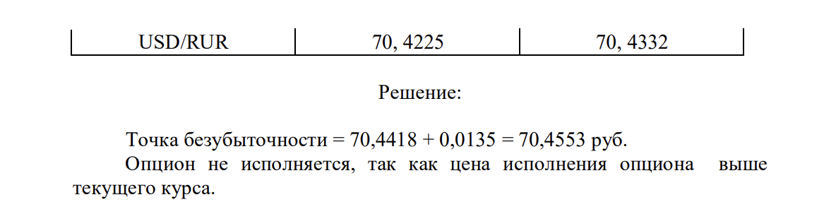 Российская компания – экспортер ожидает 5,0 млн. долл. за поставку своей продукции в США. Опасаясь понижения курса долл., компания приобретает во Внешторгбанке опцион «пут», который дает право продать долл. в обмен на руб.