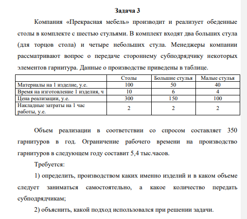 Компания «Прекрасная мебель» производит и реализует обеденные столы в комплекте с шестью стульями. В комплект входят два больших стула (для торцов стола) и четыре небольших стула. Менеджеры компании рассматривают вопрос о передаче стороннему субподрядчику некоторых элементов гарнитура.