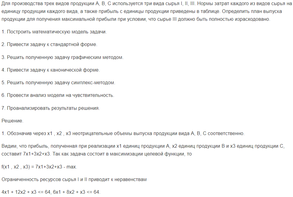 Для производства трех видов продукции A, B, C используется три вида сырья I, II, III. Нормы затрат каждого из видов сырья на единицу продукции каждого вида, а также прибыль с единицы продукции приведены в таблице.