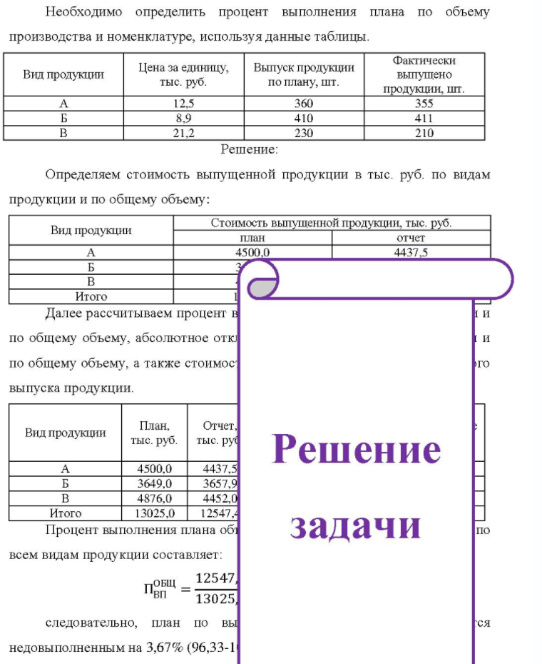 Необходимо определить процент выполнения плана по объему производства и номенклатуре, используя данные таблицы. Вид продукции Цена за единицу, тыс. руб. Выпуск продукции по плану, шт. Фактически выпущено продукции, шт. 8,9 360 410 230 355 411