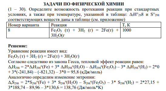 (1 – 30). Определите возможность протекания реакции при стандартных условиях, а также при температуре, указанной в таблице: ∆fН°298 и S°298 соответствующих веществ даны в таблице (см. приложение)