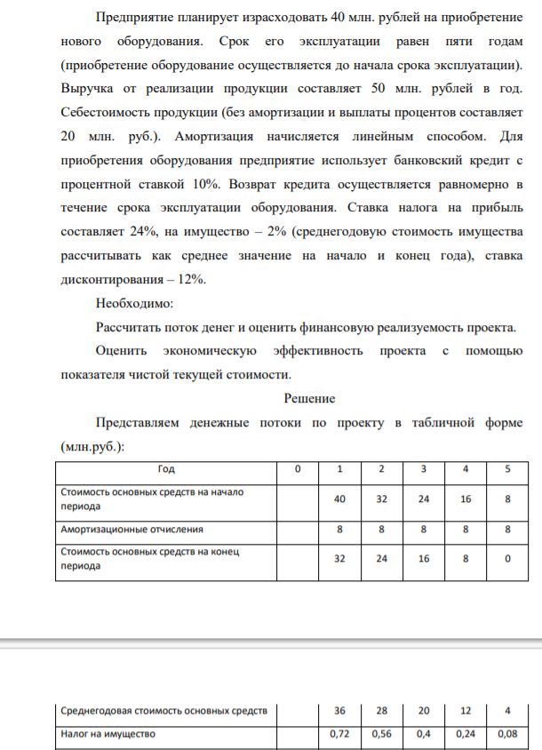 Предприятие планирует израсходовать 40 млн. рублей на приобретение нового оборудования. Срок его эксплуатации равен пяти годам (приобретение оборудование осуществляется до начала срока эксплуатации)