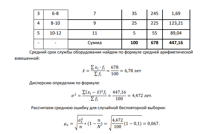 Для определения срока службы оборудования было проведено 10%-е выборочное обследование по методу случайного бесповторного отбора, в результате которого получены следующие данные: Срок службы, лет Количество