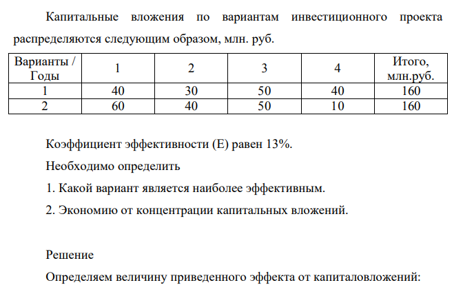 Капитальные вложения по вариантам инвестиционного проекта распределяются следующим образом, млн. руб. Коэффициент эффективности (Е) равен 13%.