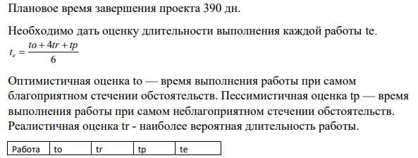 Плановое время завершения проекта 390 дн. Необходимо дать оценку длительности выполнения каждой работы