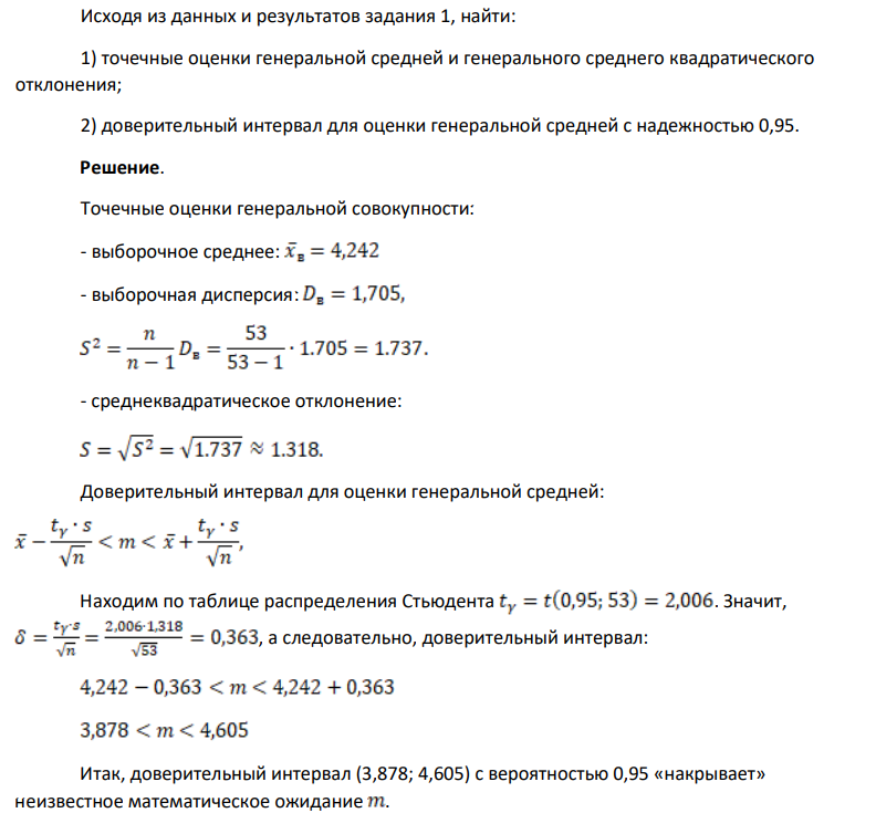 Исходя из данных и результатов задания 1, найти: 1) точечные оценки генеральной средней и генерального среднего квадратического отклонения; 2) доверительный интервал для оценки генеральной средней с надежностью 0,95.