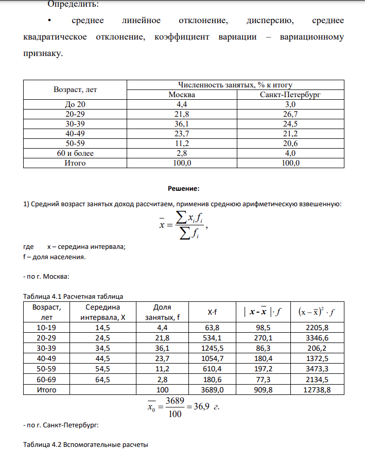 Определить: • среднее линейное отклонение, дисперсию, среднее квадратическое отклонение, коэффициент вариации – вариационному признаку.