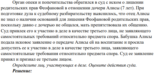 Орган опеки и попечительства обратился в суд с иском о лишении родительских прав Феофановой в отношении дочери Алисы (7 лет). При подготовке дула к судебному разбирательству выяснилось, что отец Алисы не знал о наличии оснований для лишения Феофановой родительских прав, поскольку давно с дочерью не общался, мать препятствовала их общению.