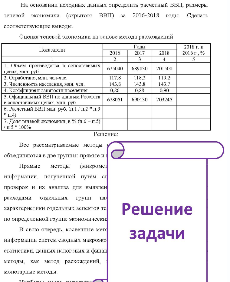 На основании исходных данных определить расчетный ВВП, размеры теневой экономики (скрытого ВВП) за 2016-2018г годы. Сделать соответствующие выводы. Оценка теневой экономики на основе метода расхождений Показатели 2016 Годы