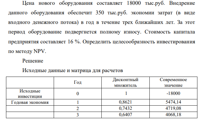 Цена нового оборудования составляет 18000 тыс.руб. Внедрение данного оборудования обеспечит 350 тыс.руб. экономии затрат (в виде входного денежного потока) в год в течение трех ближайших лет.