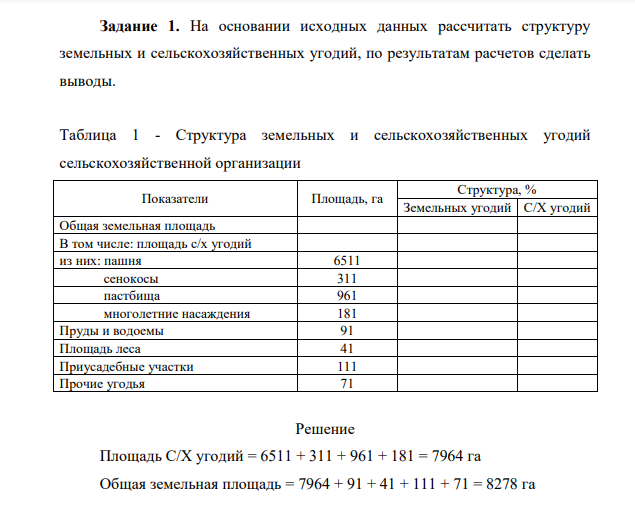 На основании исходных данных рассчитать структуру земельных и сельскохозяйственных угодий, по результатам расчетов сделать выводы