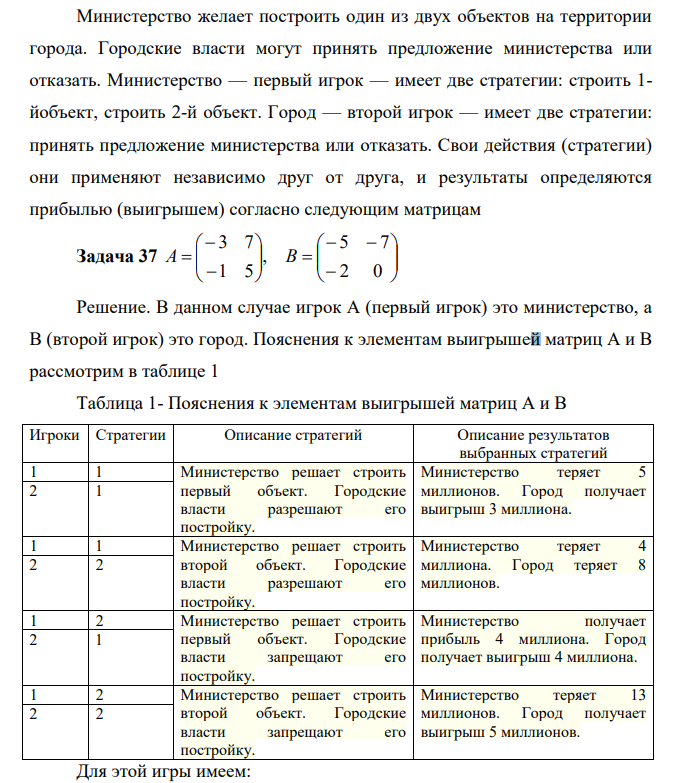 Министерство желает построить один из двух объектов на территории города. Городские власти могут принять предложение министерства или отказать Министерство — первый игрок — имеет две стратегии: строить