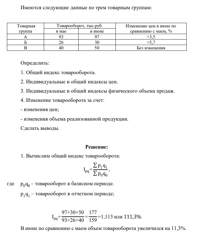 Имеются следующие данные по трем товарным группам: Товарная группа Товарооборот, тыс.руб. Изменение цен в июне по в мае в июне сравнению с маем, % А 93 97 +3,5 Б 26 30 +5,7 В 40 50 Без изменения